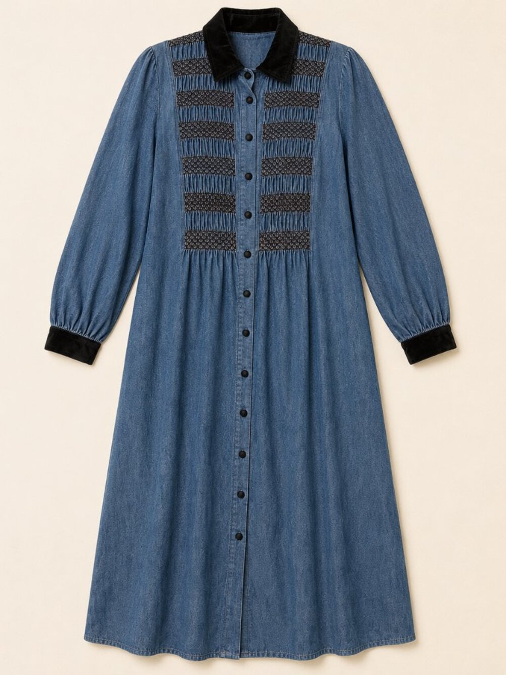 Vintage Coldwater Creek Denim Maxi Dress 1X Smocked Velvet Cottagecore Y2K